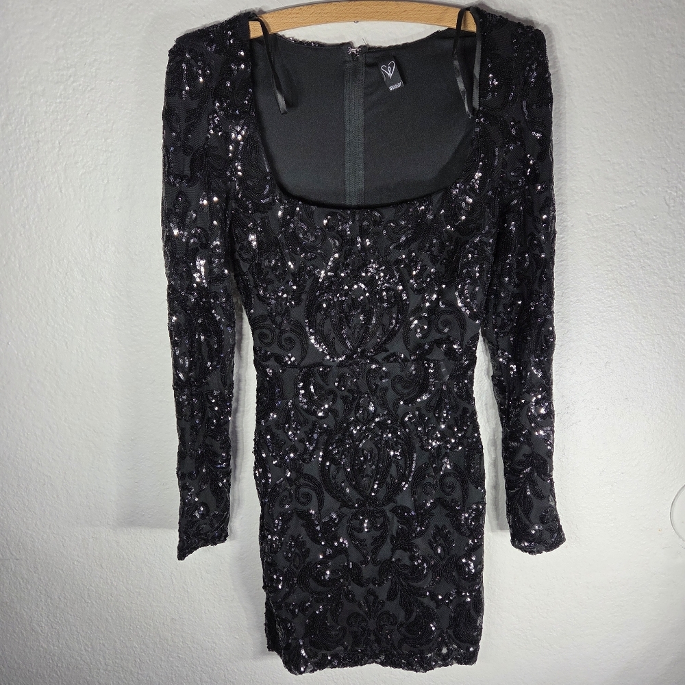 Windsor Sequin Black Mini Dress Size Small Long Sleeves Square Neck